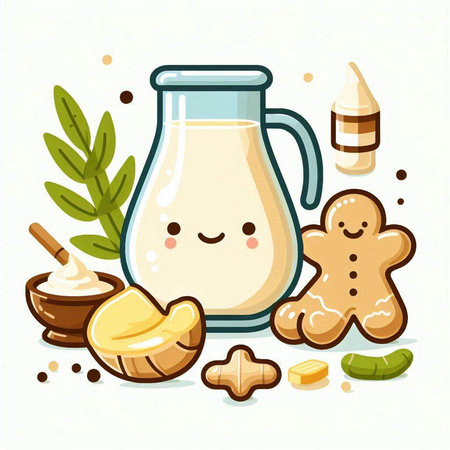 Cute vector illustration of a glass of milk and gingerbread cookiesのイラスト素材