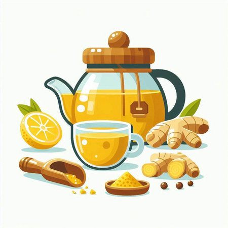 Cup of tea with ginger, lemon and honey. Vector illustration.のイラスト素材