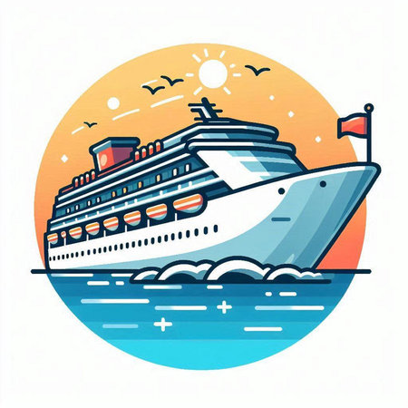 Cruise ship on the sea. Vector illustration. Flat style.のイラスト素材