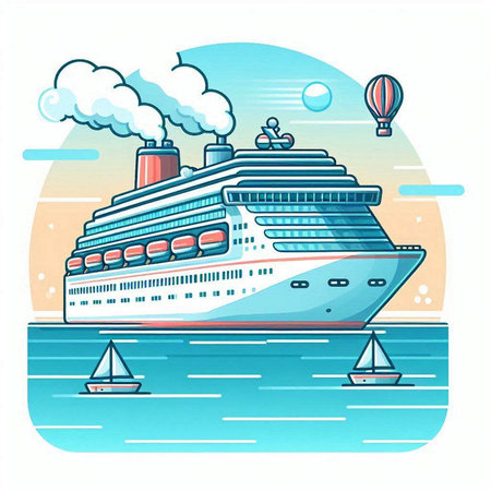 Cruise ship in the sea. Vector illustration of a cartoon style.のイラスト素材