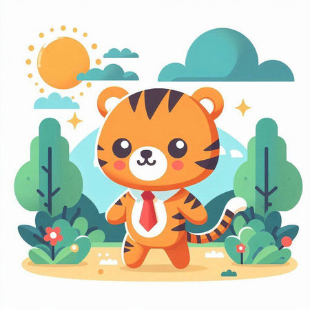 Cute tiger with a tie in the park. Vector illustration.のイラスト素材
