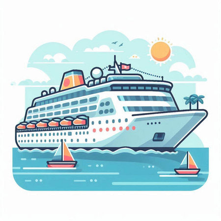 Cruise ship on the sea. Vector illustration in flat style.のイラスト素材