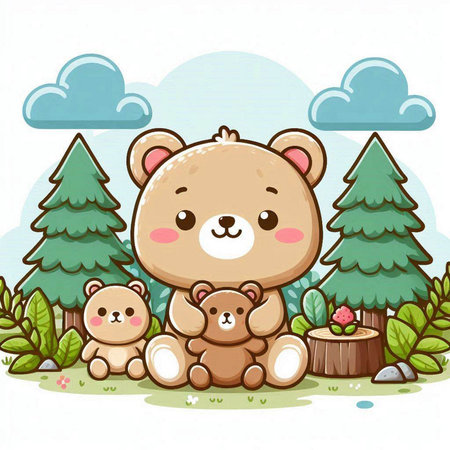 Cute Teddy Bear and Bear Family in the Forest Vector Illustrationのイラスト素材