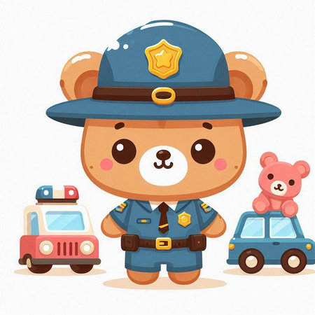 Cute cartoon animal policeman with teddy bear and police car.のイラスト素材
