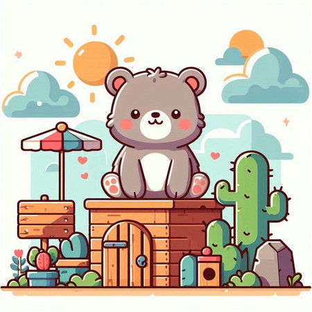Cute little bear sitting on a wooden house. Vector illustration.のイラスト素材