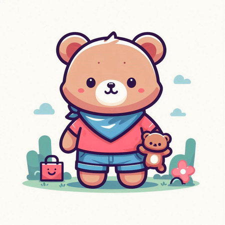 Cute little bear with teddy bear toy. Vector illustration.のイラスト素材