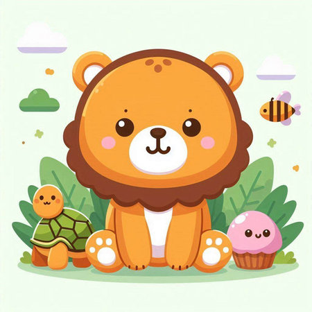 Cute cartoon lion with a turtle in the forest. Vector illustrationのイラスト素材