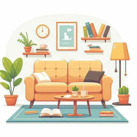 Living room interior with sofa, bookshelf, coffee table and plant. Vector illustrationのイラスト素材