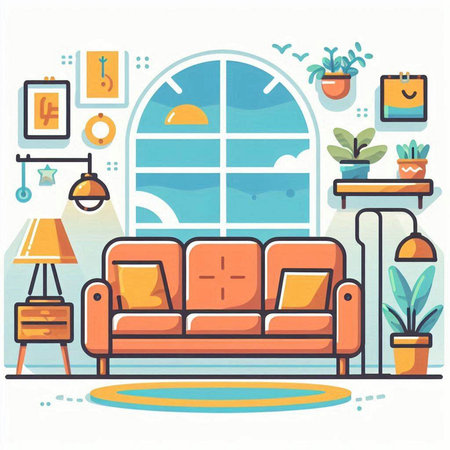Living room interior with furniture. Cozy flat style vector illustration.のイラスト素材