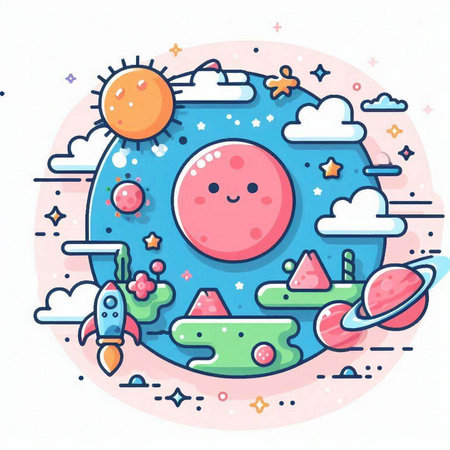 Cute cartoon planets and rocket. Colorful vector illustration in flat styleのイラスト素材