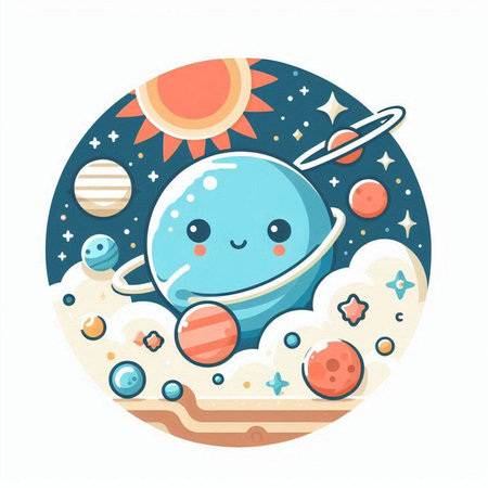 Cute cartoon planet in the space. Hand drawn vector illustration.のイラスト素材