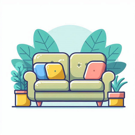 Sofa with pillows and plants, flat vector illustration.のイラスト素材