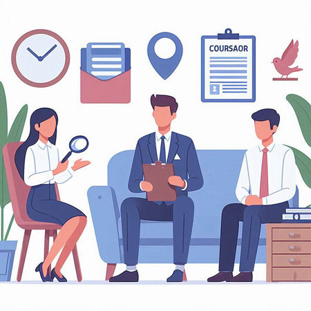 Job interview. Man and woman sitting on couch, looking at document and holding magnifying glass. Job interview concept. Vector illustration in flat styleのイラスト素材