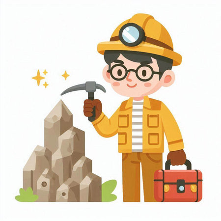 Cartoon miner with toolbox and pickaxe. Vector illustration.のイラスト素材
