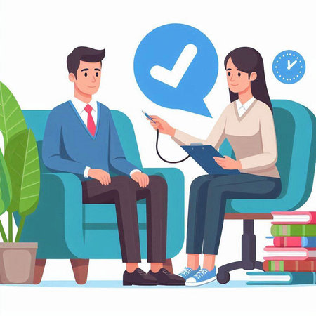 Patient sitting on armchair and talking with doctor. Vector illustration.のイラスト素材