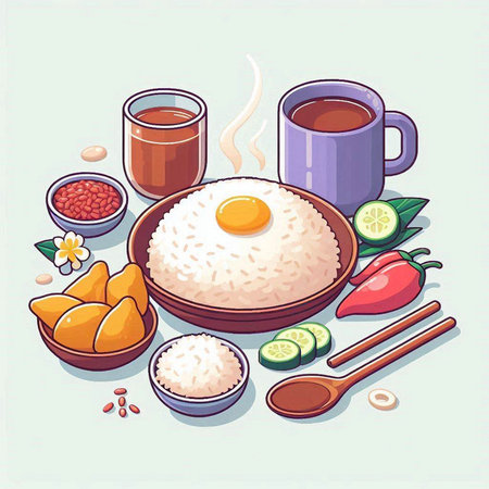 Illustration of a bowl of rice, a cup of tea, a spoon with chopsticks, a bowl of pickled cucumber, a bowl of fried eggs, a bowl of fried potatoes and a cup of coffeeのイラスト素材