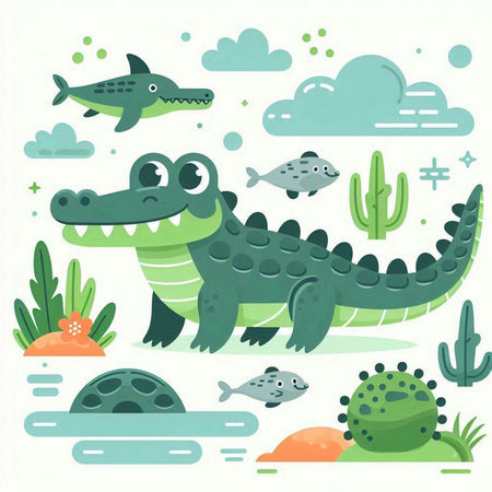 Crocodile and cactuses. Cute cartoon illustration.のイラスト素材