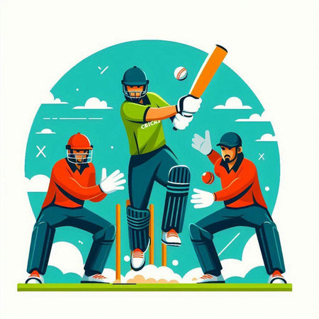 Cricket players in action. Vector illustration in flat style.のイラスト素材