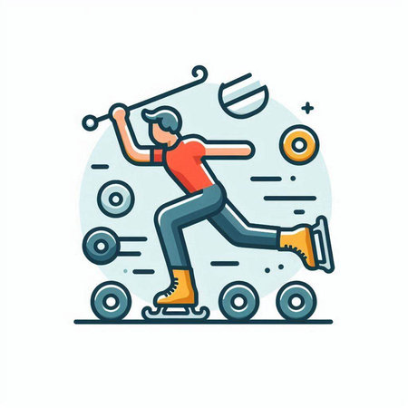 Vector illustration of man playing golf on roller skates. Line art design for web, site, advertising, banner, board and print.のイラスト素材