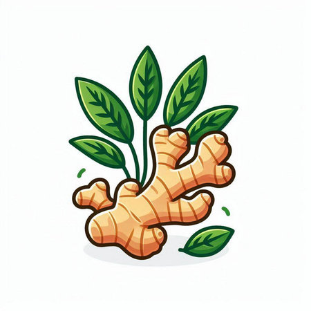 Ginger root with green leaves isolated on white background. Vector illustration.のイラスト素材