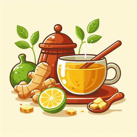Tea with lemon, ginger, honey and mint. Vector illustration.のイラスト素材