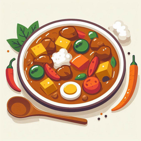 Illustration of a bowl of curry with tofu, egg and vegetablesのイラスト素材