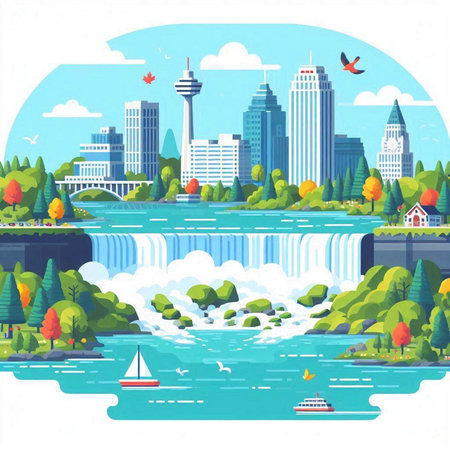 Waterfall in the city. Vector illustration in flat style. Cityscape.のイラスト素材