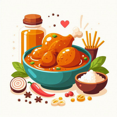 Illustration of chicken curry in bowl with spices. Vector illustration.のイラスト素材