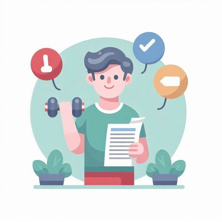 Man with dumbbells and checklist. Flat style vector illustration.のイラスト素材