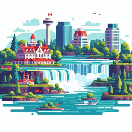Landscape with waterfalls and buildings. Flat style vector illustration.のイラスト素材