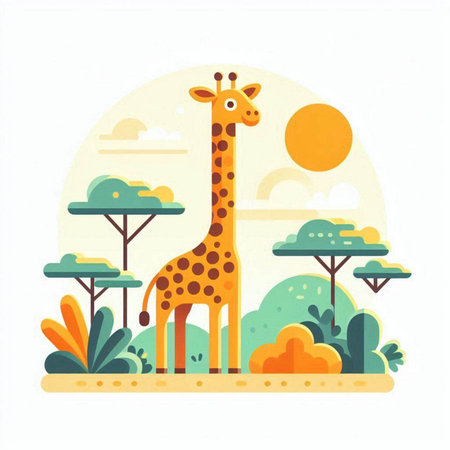 Cute giraffe in the savannah. Vector illustration in flat styleのイラスト素材