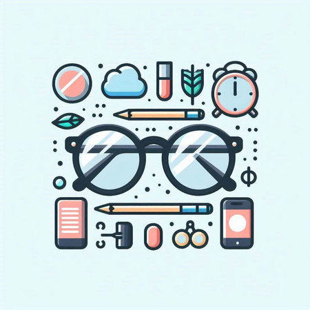 Line art vector illustration of glasses, pencils, mobile phone, clock, headphones, notebook and other items.のイラスト素材