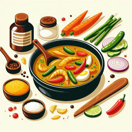Seafood soup in a frying pan with ingredients. Vector illustration.のイラスト素材
