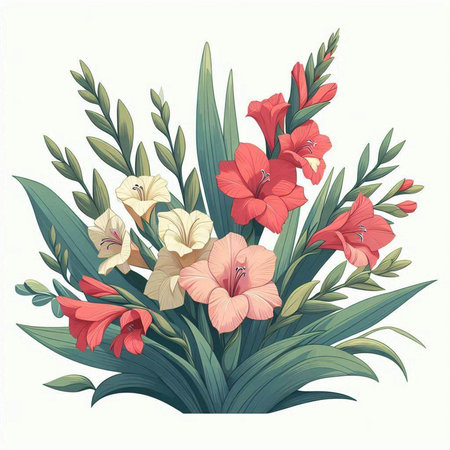 Bouquet of gladiolus flowers and leaves. Vector illustration.のイラスト素材