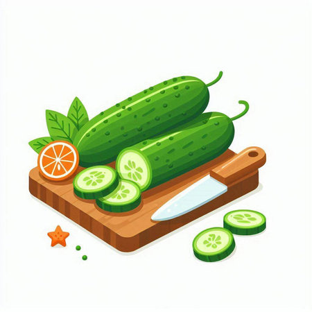 Cucumber on a cutting board with a knife. Vector illustration.のイラスト素材