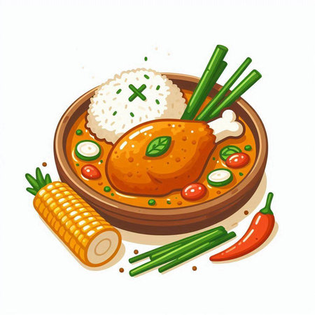 Illustration of chicken with rice and vegetables on a white background.のイラスト素材