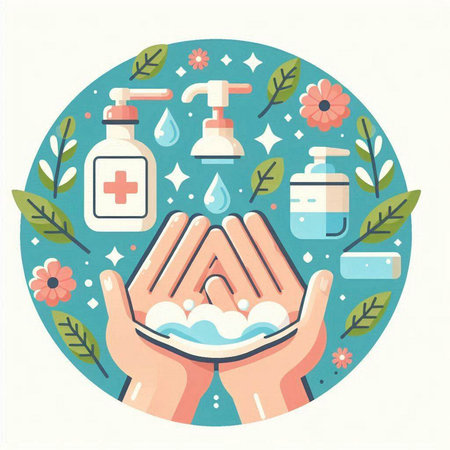 Hand washing with soap and sanitizer. Vector illustration in flat styleのイラスト素材