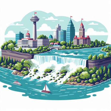 Waterfall on the background of the city. Vector illustration in flat style.のイラスト素材