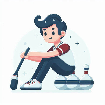 Boy playing bowling flat vector illustration. Cartoon male character in sportswear sitting on the floor and playing bowling.のイラスト素材