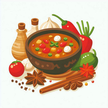 Mexican food vector illustration. Traditional mexican soup with vegetables, spices and herbs.のイラスト素材