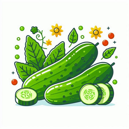 Cucumber with leaves and cucumber slices. Vector illustration.のイラスト素材