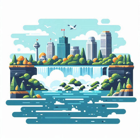 City landscape with river, trees and buildings. Flat style vector illustration.のイラスト素材