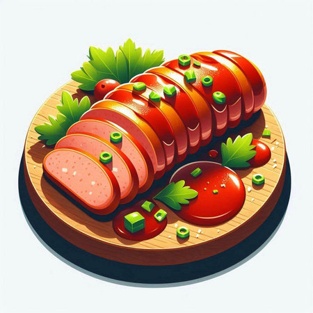 Sausage on a wooden board with parsley and tomato.のイラスト素材