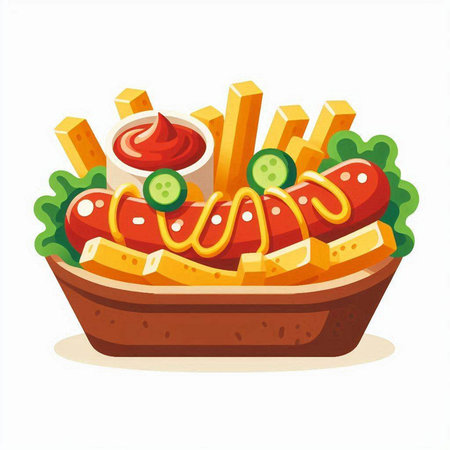 Vector illustration of hot dog with mustard, ketchup and french friesのイラスト素材