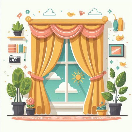 Window with curtains and plants. Vector illustration in flat style on white background.のイラスト素材