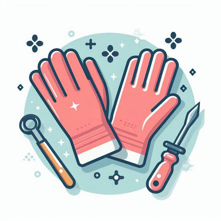 Pair of gloves and screwdriver. Hand drawn vector illustration.のイラスト素材