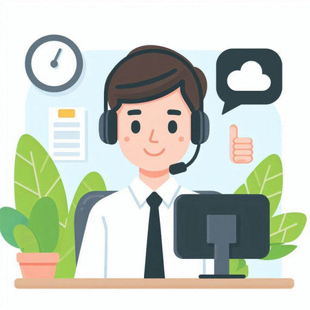 Call center agent with headset and computer. Customer support concept. Vector illustrationのイラスト素材