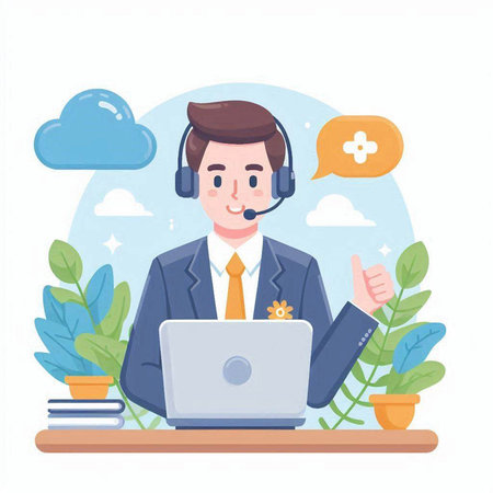 Businessman in headphones working on laptop and giving thumbs up. Vector illustrationのイラスト素材