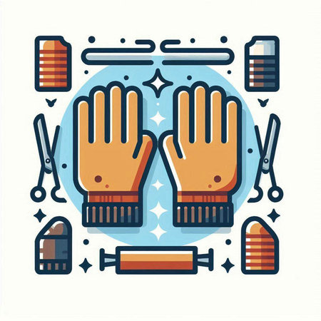 Hands in gloves with tools. Vector illustration in flat linear styleのイラスト素材