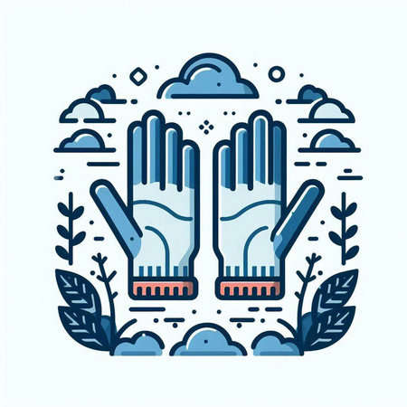 Vector linear illustration of gloves with plants and clouds in the background.のイラスト素材